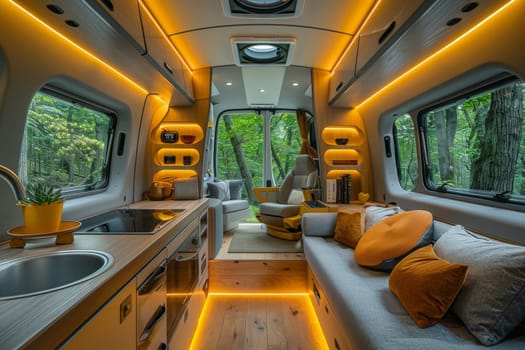 A van with a kitchen and a living room area. The living room area has a couch and pillows, and the kitchen area has a sink and a stove. The van is decorated with lights, giving it a cozy