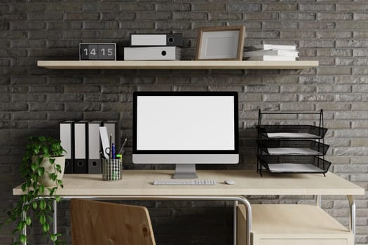 Minimalist workspace with a laptop mockup on a table in a minimal office. 3d render illustration.