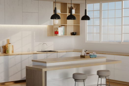 Minimal cozy kitchen white modern interior in farmhouse style. nordic kitchen in loft apartment. 3D rendering..