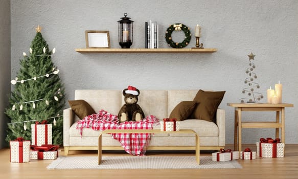 Christmas living room with a christmas tree and presents under it - modern classic style, 3D render, 3D illustration.