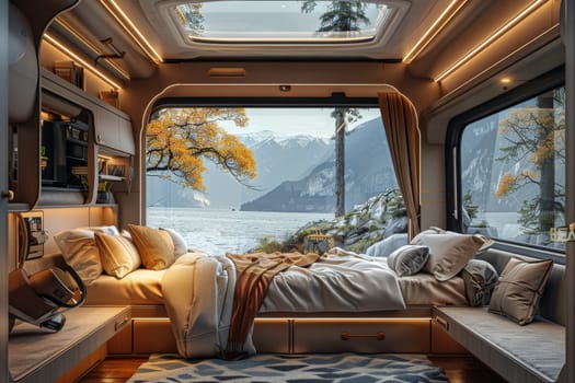 luxury bedroom of camper van. camping concept.