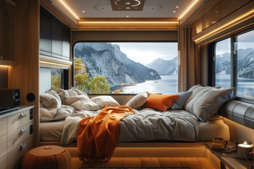 luxury bedroom of camper van. camping concept.