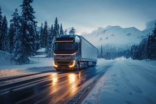 A large semi truck is driving down a snowy road. The truck is surrounded by trees and the sky is cloudy. The scene is dark and the truck is the only source of light