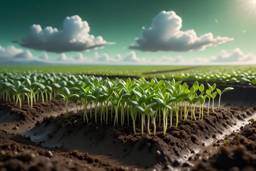 Abstract background from seedlings growing in the ground, warm spring. AI generated image.