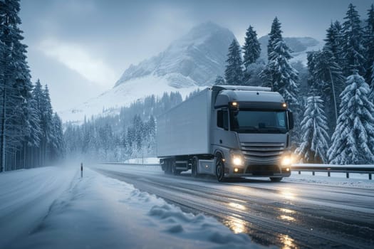 A large semi truck is driving down a snowy road. The truck is surrounded by trees and the sky is cloudy. The scene is dark and the truck is the only source of light