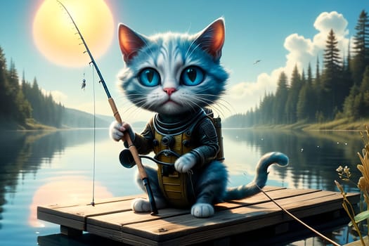 The cat is fishing on a beautiful big lake. Image generated by AI.