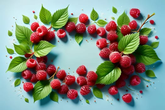 fresh raspberries on a blue background . AI generated image.