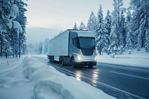 A silver semi truck is driving down a snowy road. The truck is surrounded by trees and the sky is cloudy. Scene is calm and peaceful, as the truck moves through the winter landscape
