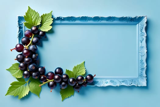 Blue background with black currants. AI generated image.