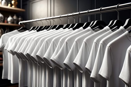 White T-shirts on hangers in a store. AI generated image.