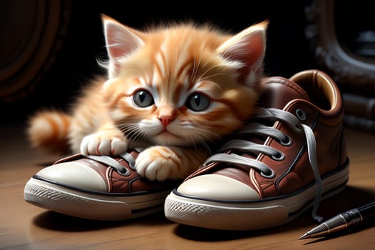 a small cute kitten lies near children's shoes. AI generated image.