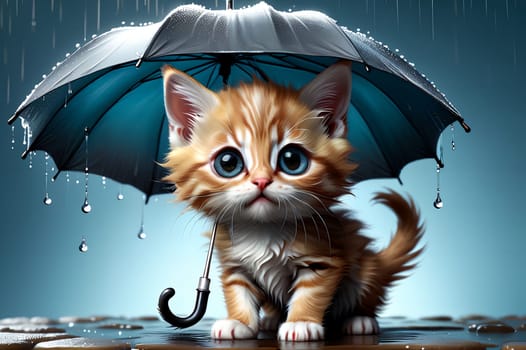 kitten sits under an umbrella, it is raining, snowing. AI generated image.