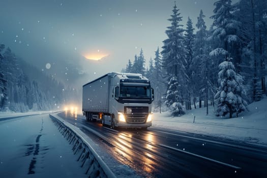 A large semi truck is driving down a snowy road. The truck is surrounded by trees and the sky is cloudy. The scene is dark and the truck is the only source of light