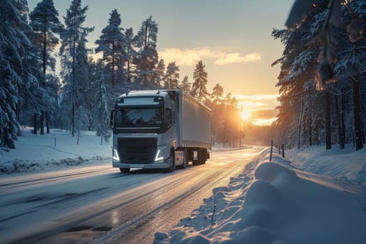 A large semi truck is driving down a snowy road. The truck is surrounded by trees and the sky is cloudy. The scene is dark and the truck is the only source of light