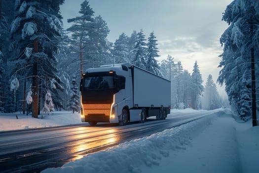 A large semi truck is driving down a snowy road. The truck is surrounded by trees and the sky is cloudy. The scene is dark and the truck is the only source of light