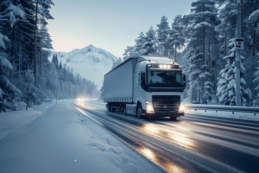 A large semi truck is driving down a snowy road. The truck is surrounded by trees and the sky is cloudy. The scene is dark and the truck is the only source of light