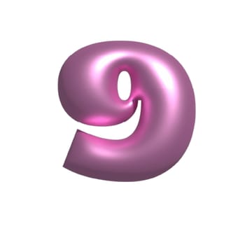 Pink shiny aesthetic metal reflective number 9 3D illustration