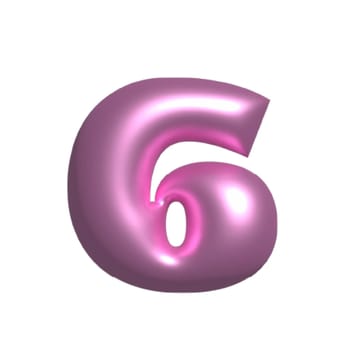 Pink shiny aesthetic metal reflective number 6 3D illustration