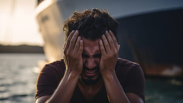 Arab man sits in panic, holding his head with hands, against the background of a cargo ship in the harbor, sea pier full of container ships, the concept of blocked sea routes in sea,Generated AI