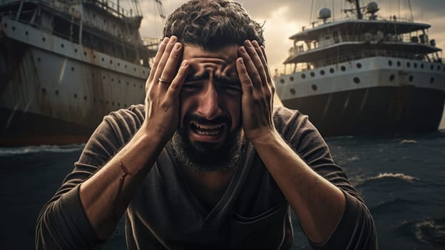 Arab man sits in panic, holding his head with hands, against the background of a cargo ship in the harbor, sea pier full of container ships, the concept of blocked sea routes in sea,Generated AI