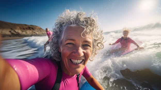laughing happy gray-haired woman over 70 years old in a pink wetsuit surfing on a board and taking a selfie, baby boomer actively spending time in retirement, Generated AI