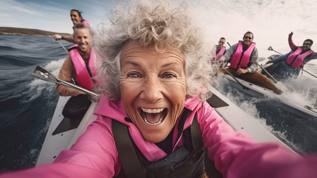 laughing happy gray haired old woman 80 years old in a pink wetsuit surfing on a board and taking a selfie, baby boomer, actively spending time in retirement with friends, Generated AI