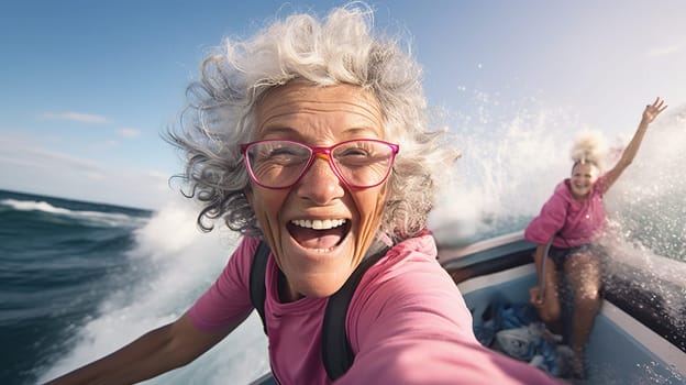 laughing happy gray haired old woman 80 years old in a pink wetsuit surfing on a board and taking a selfie, baby boomer, actively spending time in retirement with friends, Generated AI