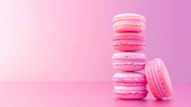 Tower of delicate pink macarons arranged on a soft pink to purple gradient background