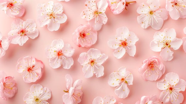 Soft pink cherry blossoms arranged beautifully on a pastel pink surface
