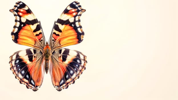 Detailed image of a colorful painted lady butterfly, centered with wings spread, isolated on a white backdrop