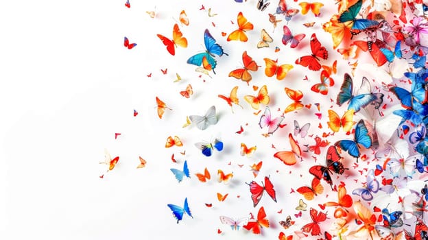 Vibrant collection of various butterflies flowing gracefully over a pure white backdrop