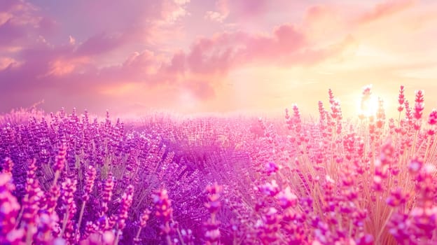 Scenic view of a vibrant lavender field bathed in the warm glow of a setting sun