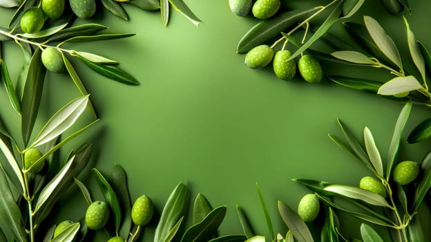 Vibrant green olives and leaves creating a natural border with a copyspace in the center