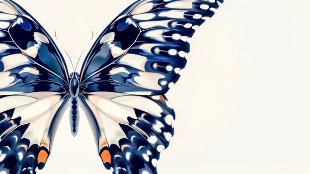 Artistic rendering of a vibrant blue butterfly with orange accents, isolated on a white backdrop
