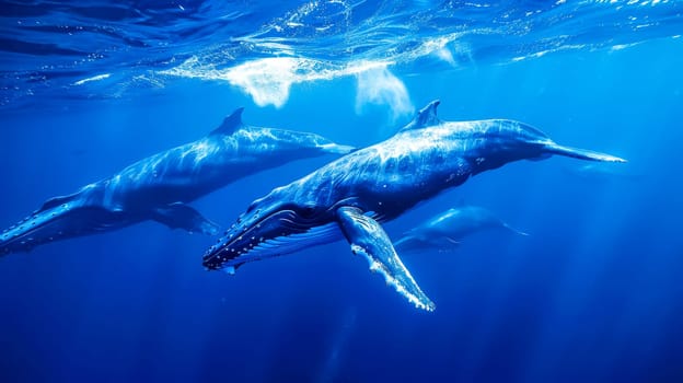 Captivating shot of a humpback whale and dolphins gliding through deep blue ocean waters