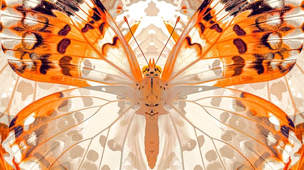 Vibrant and beautiful symmetrical butterfly wing pattern in warm tones with an abstract and artistic design, perfect for a nature-themed background or wallpaper