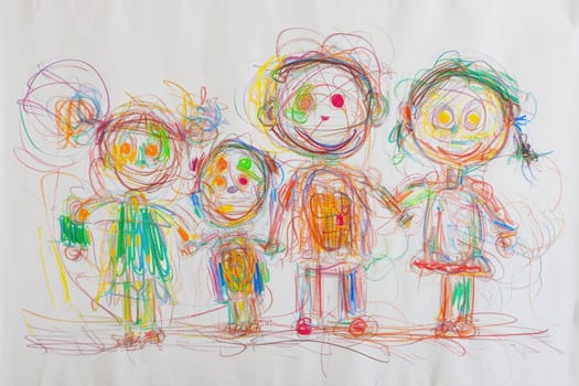 The hand drawing colourful picture of the group of the human family that has been drawn by the colored pencil, crayon or color chalk on the white background that seem to be drawn by the child. AIGX01.