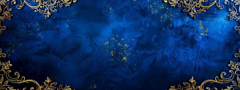 Luxurious dark blue background with ornate gold floral patterns and sparkling accents