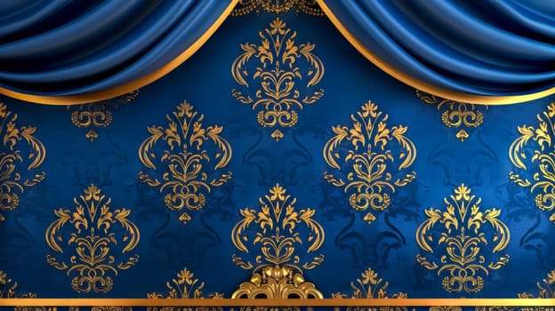 Elegant royal blue theater drapes with golden ornate patterns