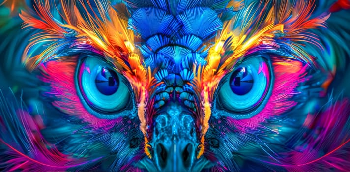 Close-up of a colorful artistic interpretation of bird feathers with symmetrical eyes