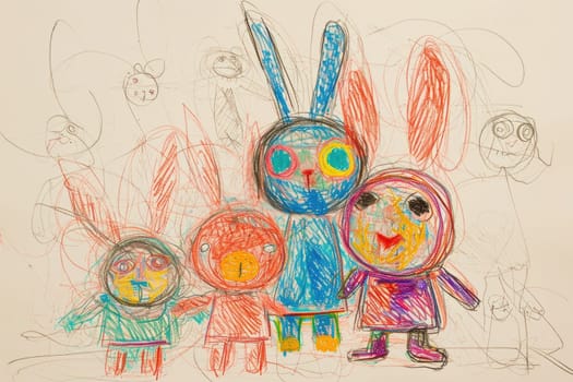 The hand drawing colourful picture of the group of the various type of the rabbit that has been drawn by a colored pencil or crayon on the white background that seem to be drawn by the child. AIGX01.