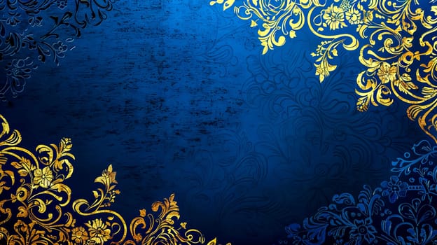 Luxurious blue background with intricate gold floral patterns, ideal for high-end design use