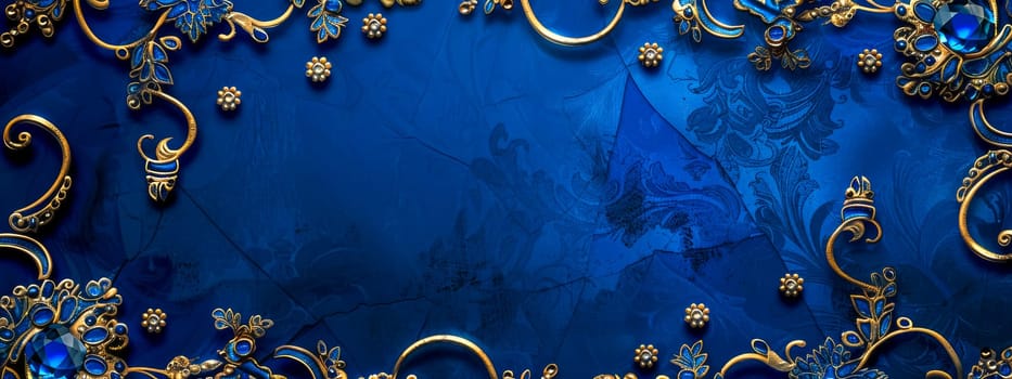 Luxurious blue textured background with ornate gold floral designs and gem accents