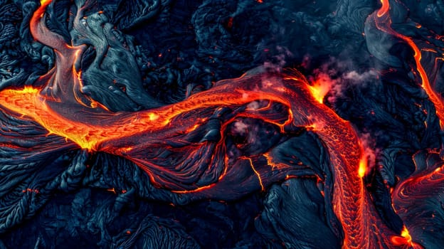Vibrant and intense molten lava flow textures in a volcanic landscape with bright red and orange fiery hues, showcasing the dynamic and powerful geothermal energy of the earth's natural geology