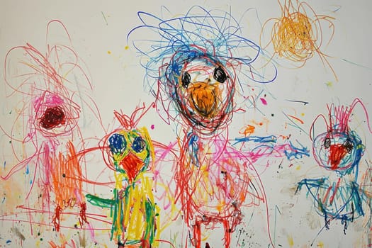 The hand drawing colourful picture of the group of the various type of chicken that has been drawn by the colored pencil or crayon on the white background that seem to be drawn by the child. AIGX01.