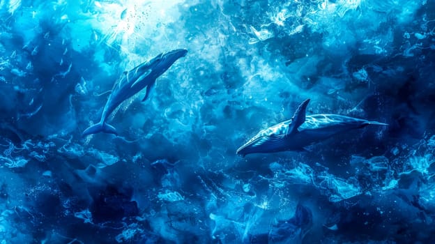 Two whales swim gracefully in the ethereal blue underwater light