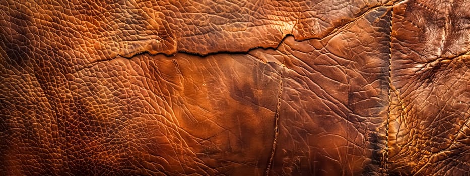 Detailed close-up of rugged brown leather texture with wrinkled and cracked surface, showcasing the natural material's luxurious, durable, and vintage craftsmanship