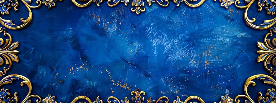 Luxurious deep blue textured background with ornate gold baroque elements