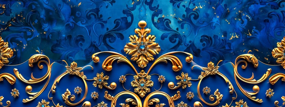 Elegant gold scrollwork and floral designs on a vibrant blue textured backdrop
