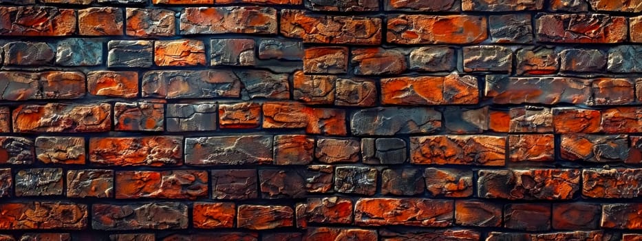 Close-up of a vibrant red brick wall texture with warm burnt orange colors, creating an abstract and rustic masonry pattern for urban architectural design and construction backdrop